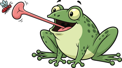 Cartoon frog catching fly with long tongue, green frog illustration, funny amphibian character, animal wildlife humor, insect predator artwork