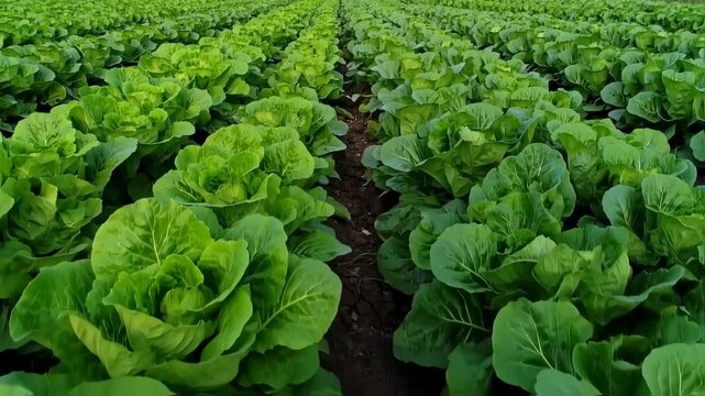 Lush green cabbage plants in rows across a field