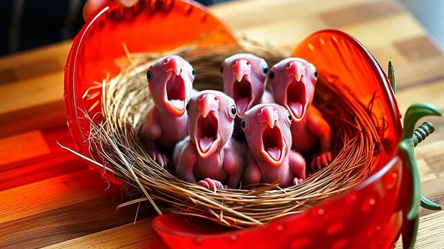 Strange dream; You cut a glass strawberry and find hungry baby parrots inside!