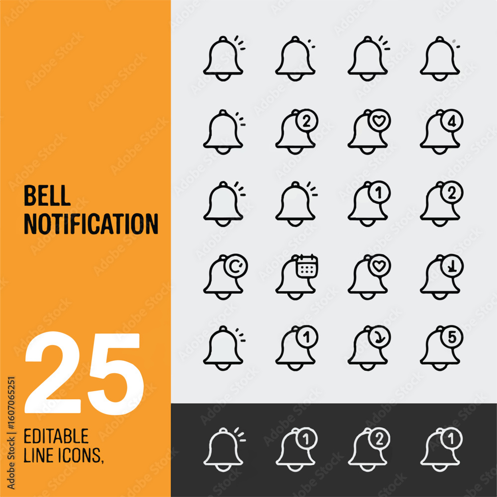 Poster a set of 25 line art notification bell icons arranged in a grid layout on a white background.