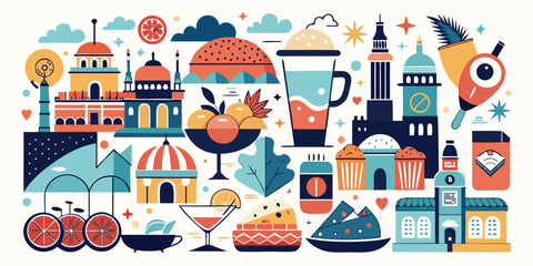 Naklejka premium A curated collection of culinary and cultural icons, evoking a sense of global flavors and traditions..eps
