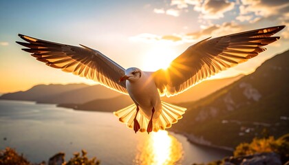 Seagull soars at sunset