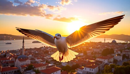 Seagull soars over city sunset