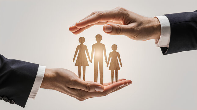 Businessman two hands protecting family wooden model for insurance and assurance life concept. Financial security, health protection, risk management, happy parents care, safe investment service