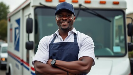 Postal Worker Smiling in Front of Mail Truck