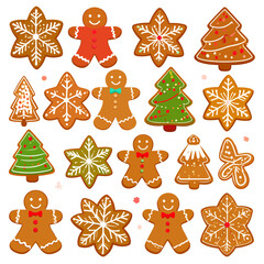 Set of festive gingerbread cookies: smiling men, decorated trees, and snowflake stars with colorful icing.