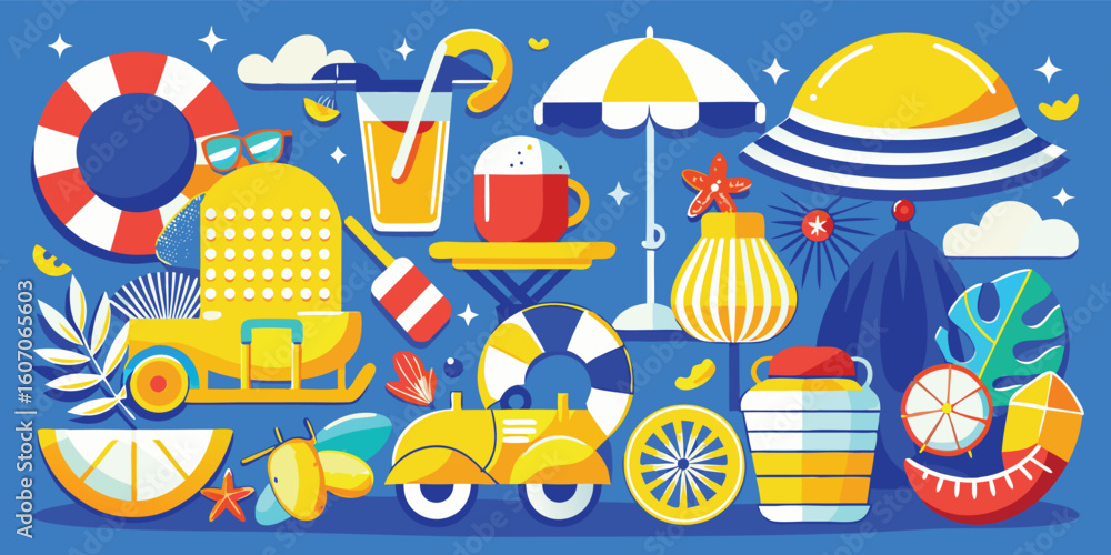 Poster a drawing featuring various objects in shades of blue and yellow, showcasing a vibrant and colorful 