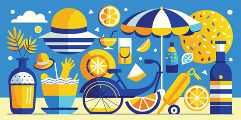 An illustration of assorted objects in blue and yellow, creating a lively and artistic visual arrangement..eps