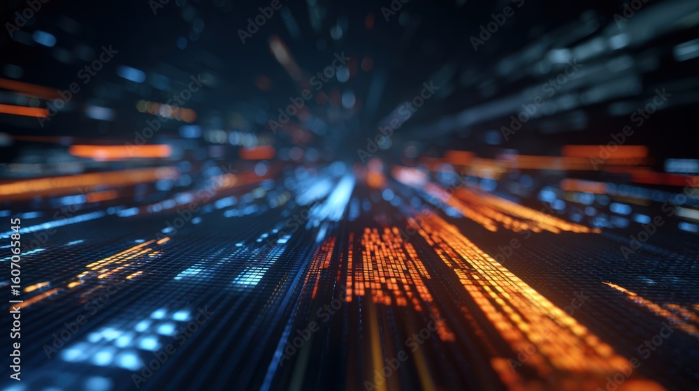 Poster abstract depiction of fast-moving data streams with vibrant colors representing digital transformati