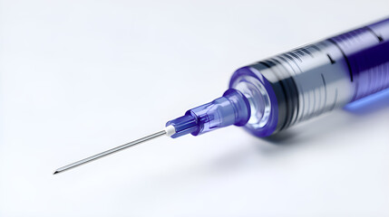 Medical syringe with needle pointing left on white background