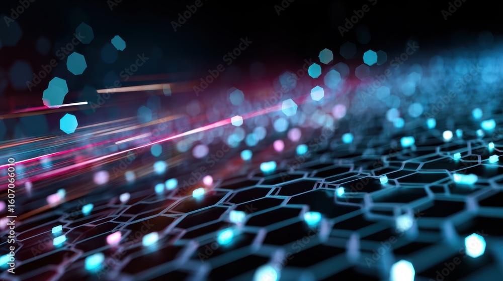 Poster abstract digital background with glowing hexagonal pattern and colorful lights, representing futuris