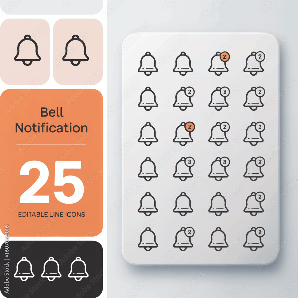 Poster a set of 25 line art notification bell icons arranged in a grid layout on a white background.