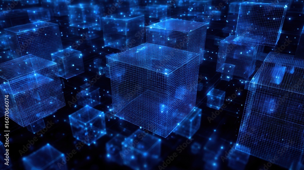 Aufkleber abstract digital cubes illuminated in blue light, representing data and technology in a futuristic d