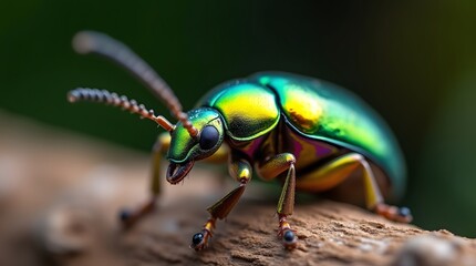 Fototapeta premium A vibrant, metallic green tortoise beetle sits on a piece of rough wood. Detailed macro shot highlighting the insect's iridescent shell and natural environment.