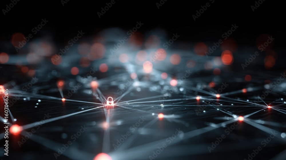 Poster abstract digital network with glowing connections and a locked padlock symbolizing security and data