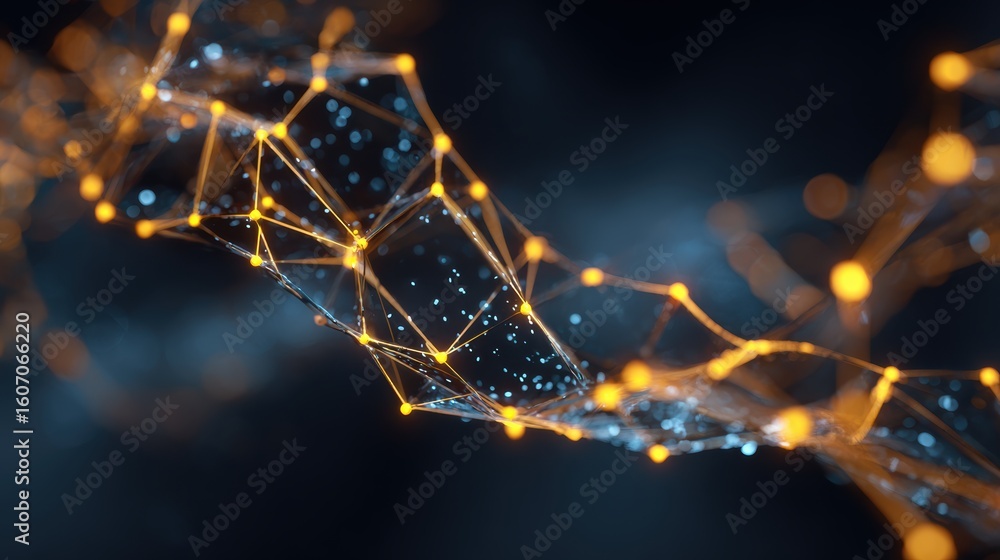 Poster abstract digital network with glowing nodes and connections representing data flow in a futuristic e
