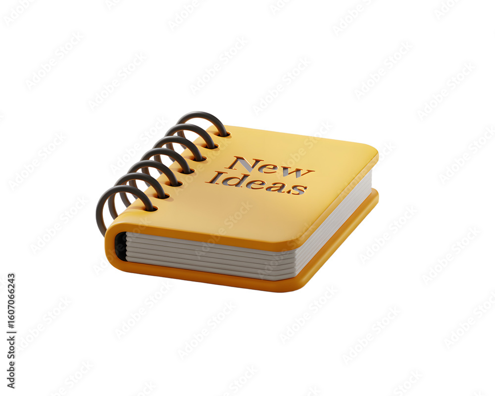 Aufkleber yellow notebook with new ideas text on cover spiral binding 3d rendered illustration for creative pr