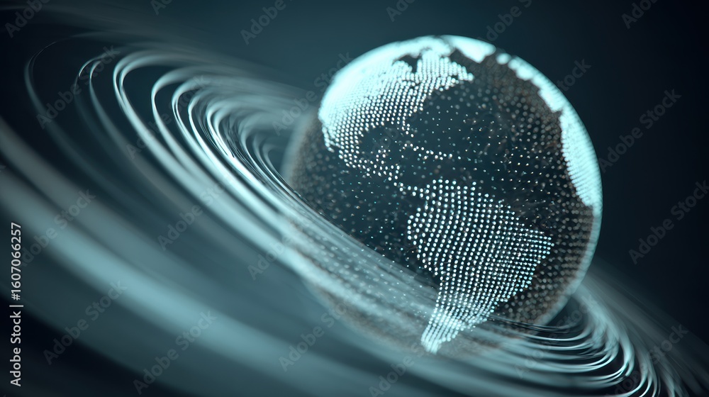 Poster abstract digital representation of earth surrounded by flowing wave patterns, symbolizing connectivi