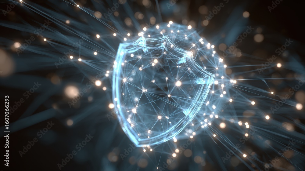Poster abstract digital shield symbolizing cybersecurity and protection in a connected world with glowing p