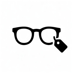 A clear pictogram and symbol of eyeglasses with a price tag. This silhouette sign, part of a versatile set, represents shopping, retail, and optical sales.