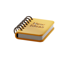 Yellow Notebook with New Ideas Text on Cover Spiral Binding 3D Rendered Illustration for Creative Projects and Design on transparent background