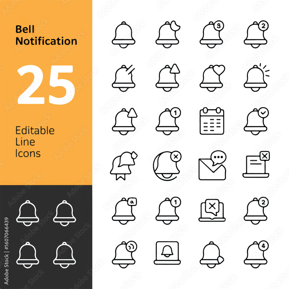 Poster a set of 25 line art notification bell icons arranged in a grid layout on a white background.