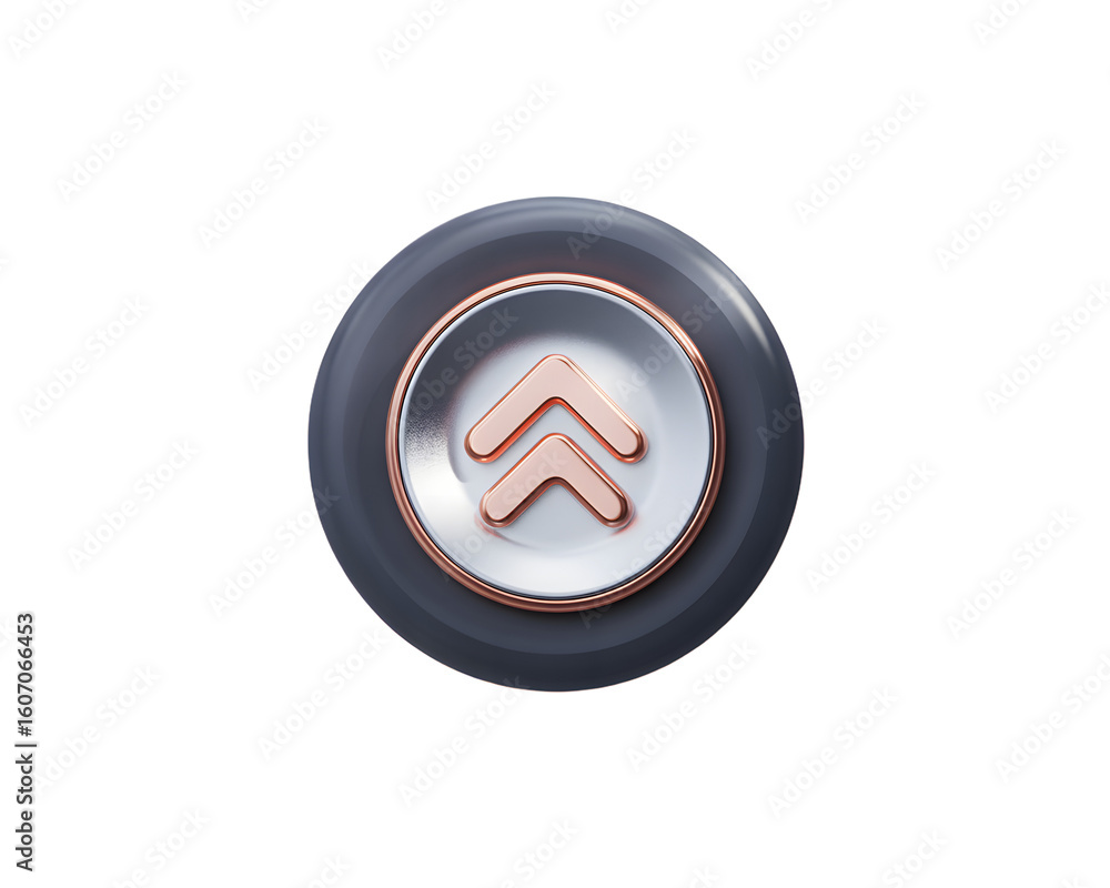 Poster 3d rendered up arrow icon in gray and rose gold glossy button for ui design on transparent backgroun
