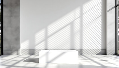 Obraz premium Minimalist White Cube Display Platform in Modern Room with Sunlight and Concrete Walls