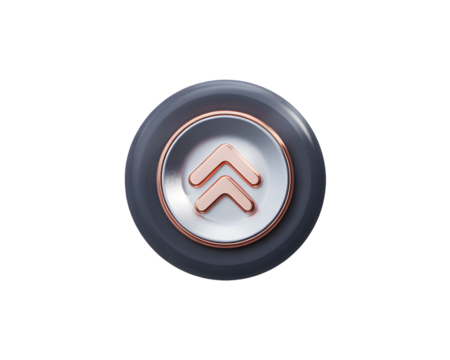 3D Rendered Up Arrow Icon in Gray and Rose Gold Glossy Button for UI Design on Transparent Background