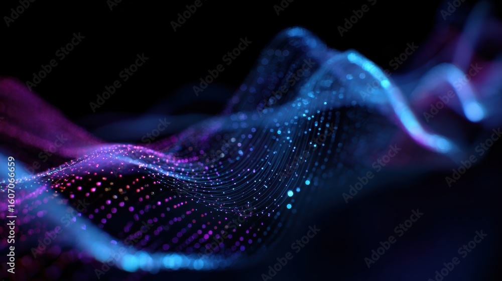 Poster abstract image of colorful digital waves flowing in a dark space, representing data and innovation.