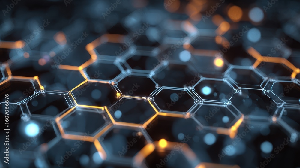 Poster abstract image of interconnected hexagonal shapes in a digital environment, showcasing modern techno