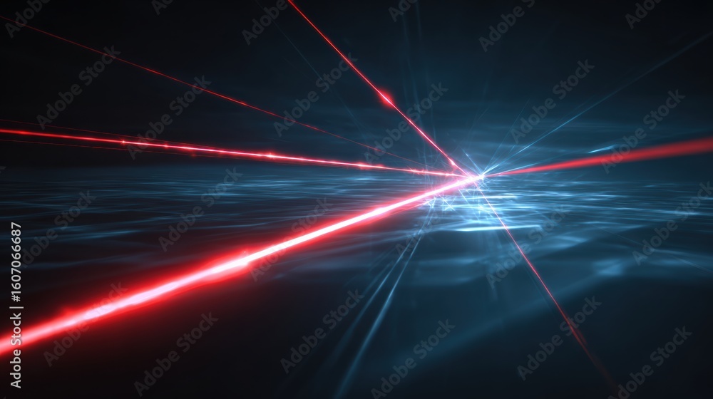 Poster abstract laser beams creating dynamic patterns of light and energy in a dark digital space.