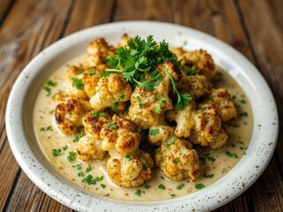 Fototapeta premium Delicious Baked Cauliflower Dish on Wooden Surface