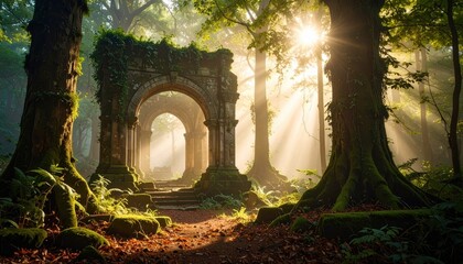 Obraz premium Sunlit Forest Ruins: Ancient Stone Arches and Mystical Beams of Light