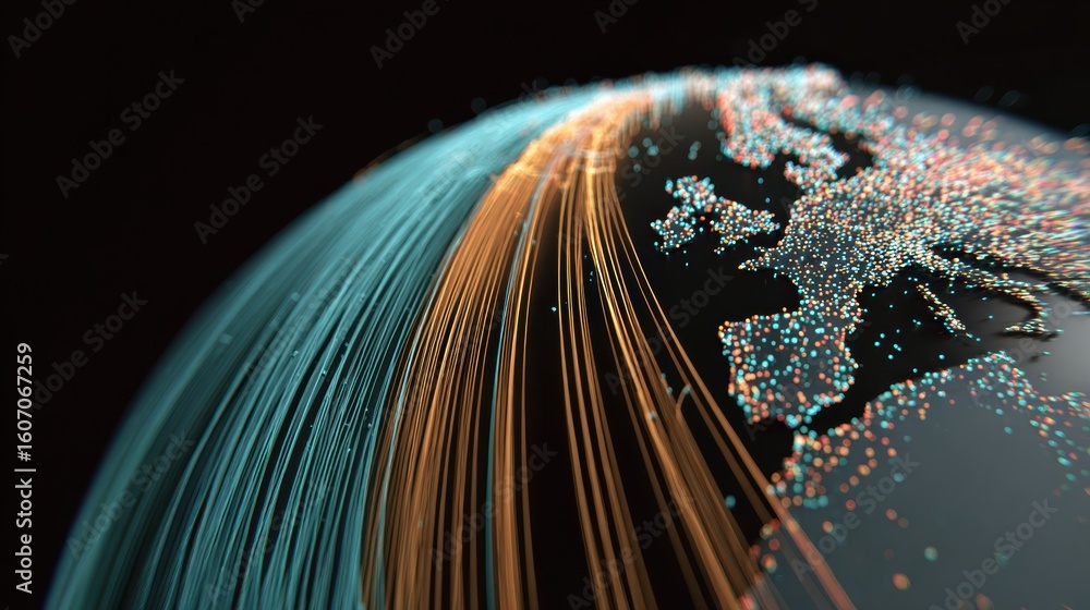 Poster Abstract representation of interconnected data streams across a global map with vibrant colors and digital aesthetics.