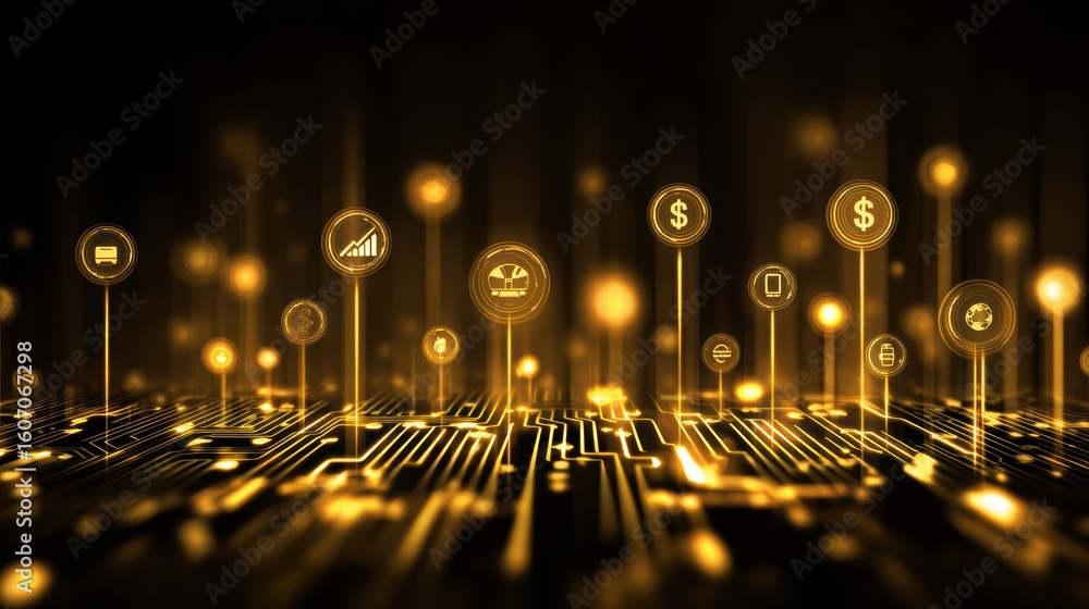 Poster abstract technology background with glowing icons and digital networks representing modern finance a