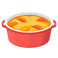 A vibrant red Dutch oven holding a delicious, golden-baked peach cobbler with fruit slices on top.