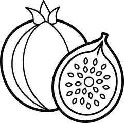 Minimal Line Art Pomegranate Slice and Whole Fruit Vector for Botanical and Packaging Design, Pomegranate Line Art Slice and Whole, Black and White Pomegranate Sketch, Minimalist Pomegranate Drawing

