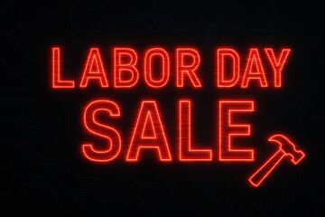 Bright neon-style text reading "Labor Day Sale" with a hammer icon on a dark background, ideal for promotional materials and holiday advertisements.