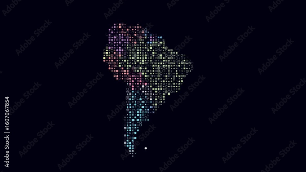 Poster south america dotted animation. shape of the continent build of pulsating colored dots. small size r
