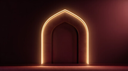 Arched doorway with glowing golden neon light on dark red wall and floor entrance