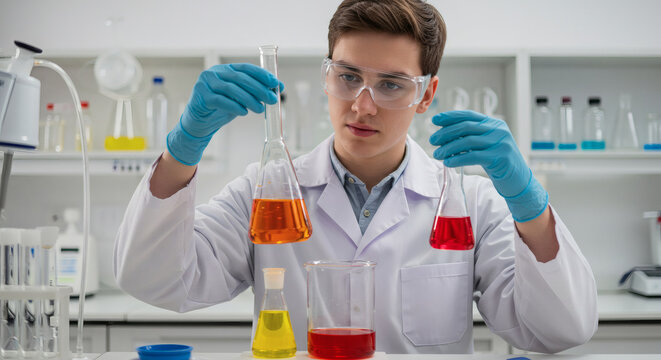 A focused scientist in a lab coat carefully examines colorful liquids in beakers, conducting experiments.