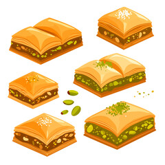 Golden layered baklava dessert pastries with pistachio and nut fillings, cartoon style illustration set.