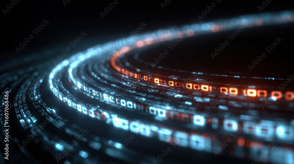 Poster an abstract representation of data flow with glowing binary code in vibrant colors. perfect for digi