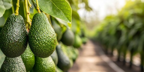 A colorful tropical scene with avocados growing on trees in a sustainable farm.