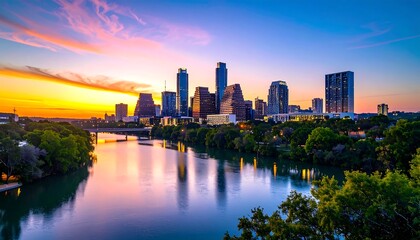 Fototapeta premium City skyline at sunrise over a river