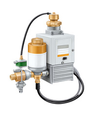 Industrial Valve Equipment: Detailed shot of industrial valve equipment with metal and plastic parts, wires, and connection accessories. The mechanical components are neatly assembled.