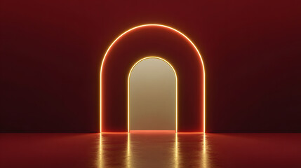 Fototapeta premium Glowing Archway with Golden Light and Dark Red Background neon