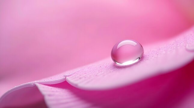 A perfect, clear water drop rests on a delicate pink flower petal. A beautiful macro shot representing purity, nature, and tranquility.