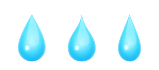 Set of glossy bubble 3d water drop icons in realistic style. Blue plastic drops isolated on white background. Rounded droplet shapes for weather forecast. Sign rain, sweat, tears. Vector illustration